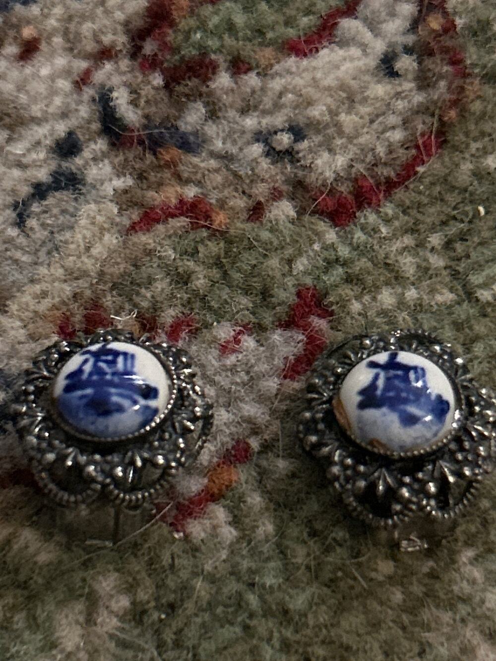 Vintage Blue and White Porcelain Earrings - Windmills